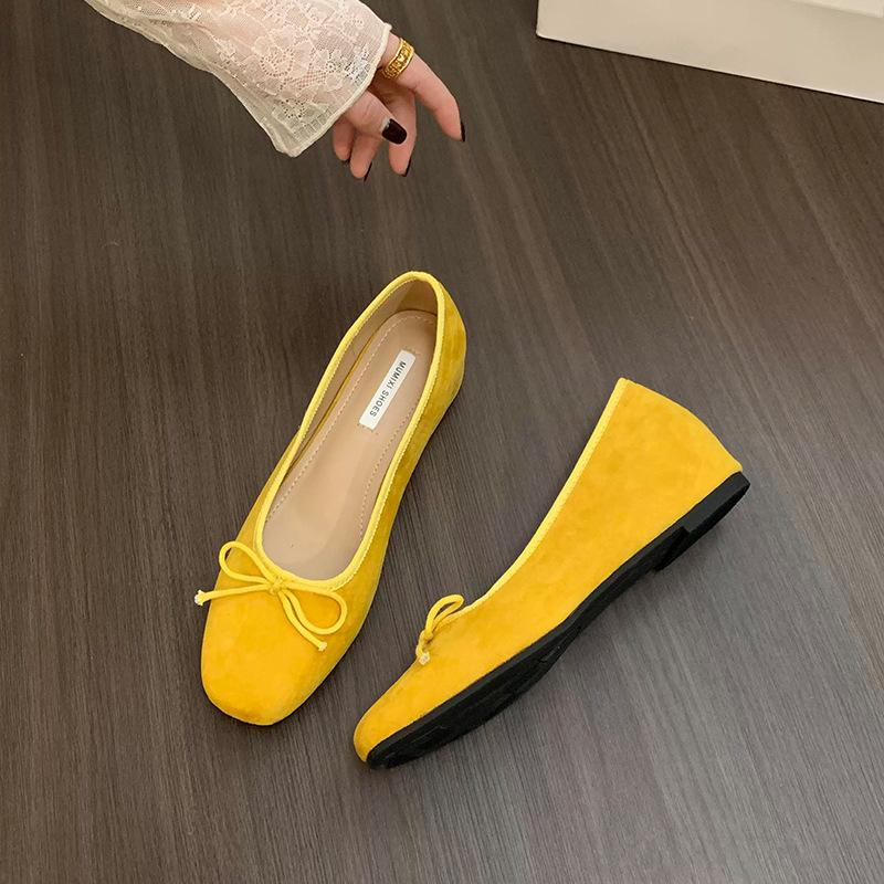 French inner heightening suede ballet single shoes women's shoes 2025 new spring and autumn bow red evening shoes