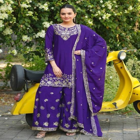 Regal Purple Embroidered Silk Suit with Matching Dupatta S