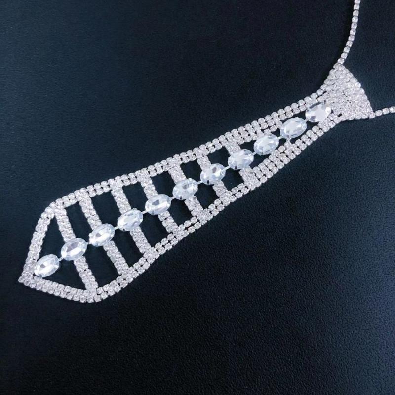 Elegant Tie Necklace with Sparkling Rhinestones for Formal Occasion Uniform Tie Punk Jeweled Chain Tie