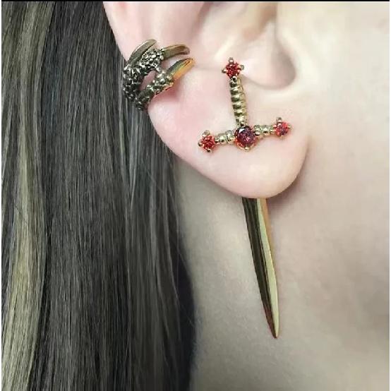 Kiss Jewelry Punk Sword Gothic Kinitial Piercing Earrings for Women Men Goth Crystal Ear Jacket Dagger Stud Earrings Jewelry