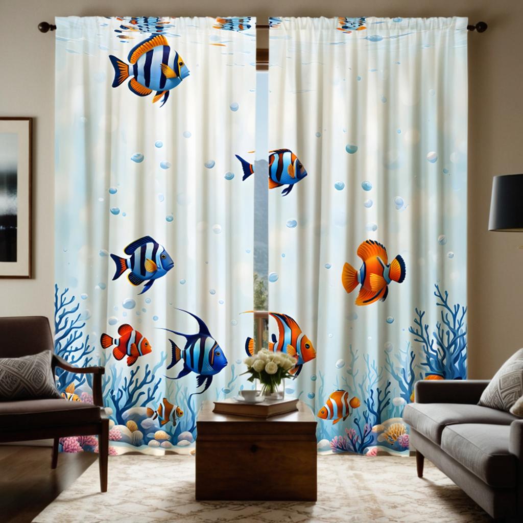 2 pieces of HD blue sea bottom goldfish coral decorative curtain white tie digital printed curtain Home decoration style decorat