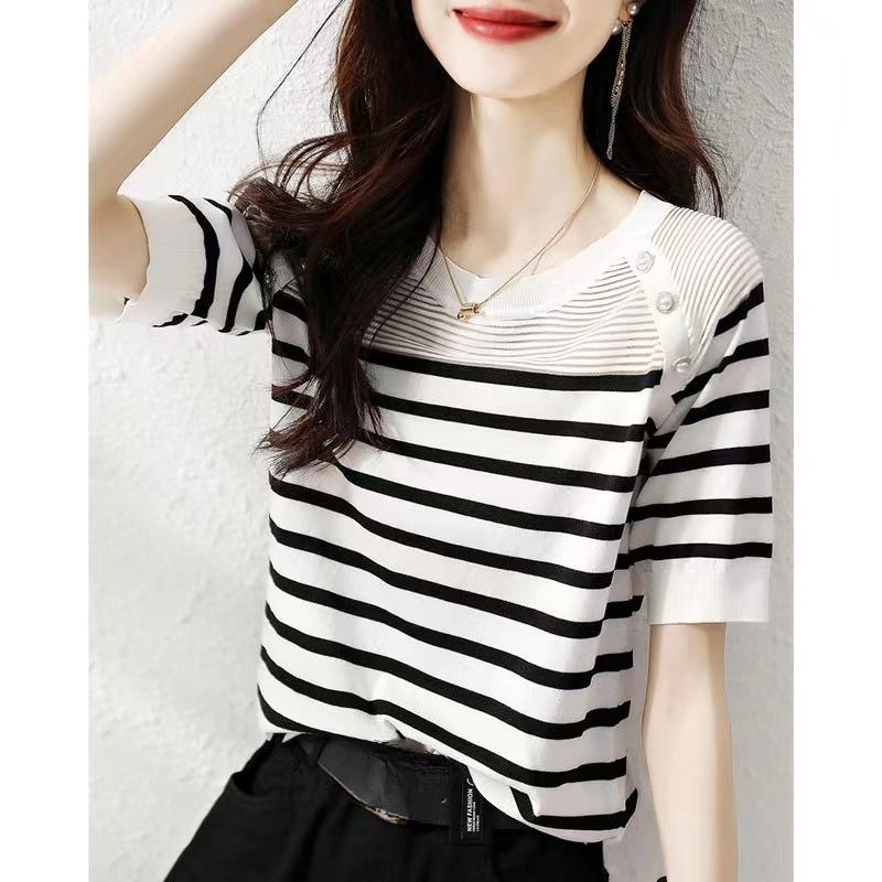 Black and White Striped Short Sleeved Knitted T-shirt Summer Round Neck Pullover Knitted T-shirt