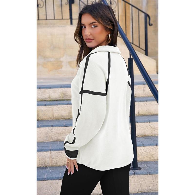 Women's Color Block Striped Half Zip Polo Sweatshirt Loose Long Sleeve Casual Pullover Top