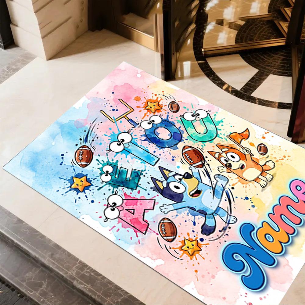 Bluey Soccer Adventure Customizable Name Area Rug Design for Playrooms Kitchen Entryway Outdoor Antislip Carpet Anime Office Decor