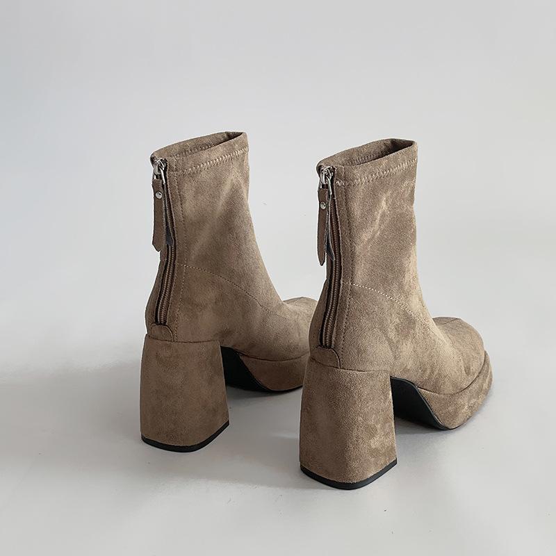 Fashion Autumn Women Ankle Boots Short Ladies Platform Square High Heels Female Shoes Fashion Solid Suede Chunky Heeled Botines Mujer