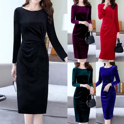Womens Velvet Party Cocktail Mini Dress Ladies Winter Long Sleeve Skater Dress U