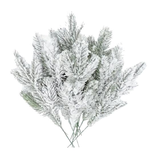10/20/30Pcs Artificial Snowy Pine Branch 5 Fork Faux Greenery Stem Fake Plants Pick Xmas Holiday Wedding Party Home Decoration