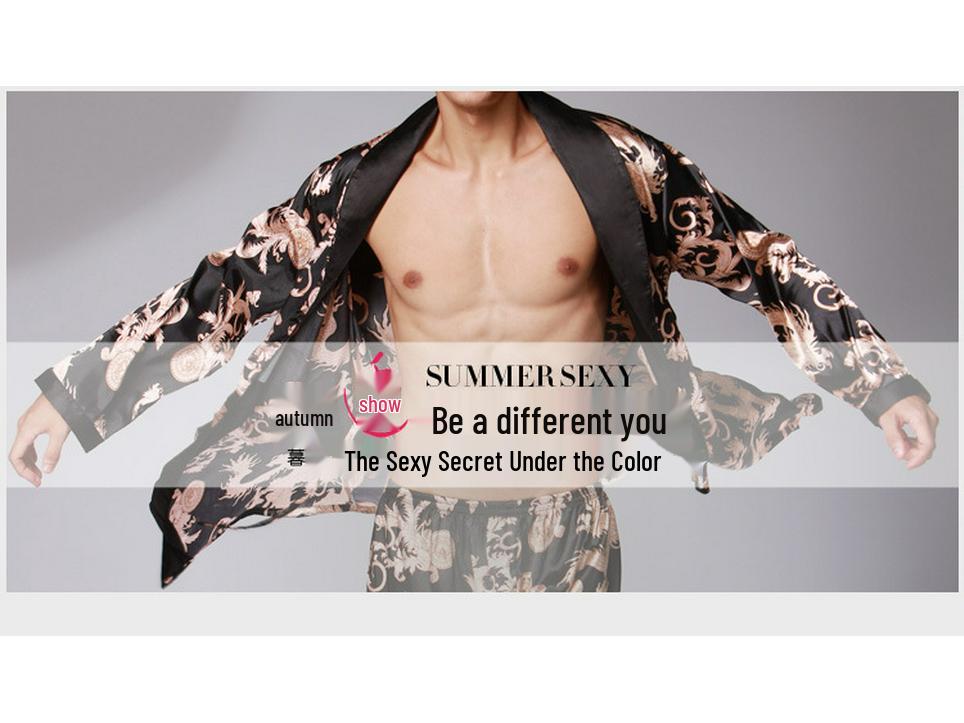 Yaoting Men's Long Sleeve Silk Pajamas and Robe Set, Ice Silk Fabric, WP032
