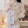 Summer Summer Style Sweet Cotton Pajamas with a Sweet Style for Women, Short-sleeved Long Pants, Loose Cardigan, and Women's Loungewear Set