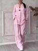 Women's Loose Fit Two Piece Outfit Set Long Sleeve Shirt Elastic Waist Wide Leg Trousers Casual Elegant Cozy Tracksuit