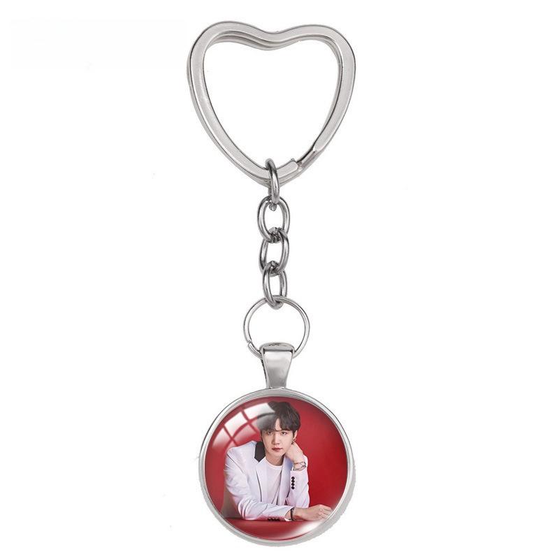 BTS Menber Photo Glass Dome Keychain, Heart Shaped Clasp Kpop Charm, Bangtan Boys ARMY Fans Bag Accessory