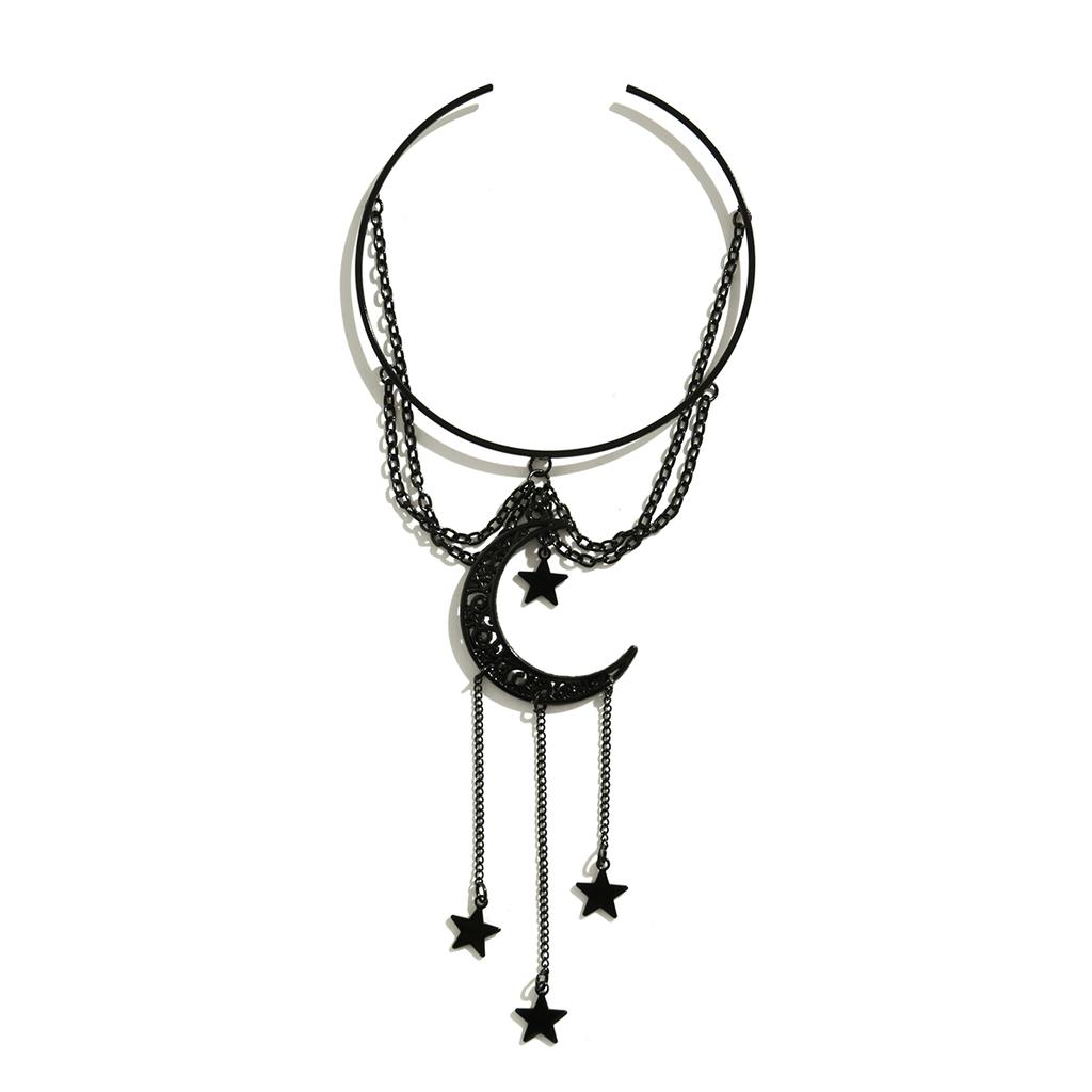 Ingemark Goth Black Moon Star Pendant Open Cuff Bangles for Women Vintage Tassel Pendant Arm Bracelet Jewelry Accessories Gift