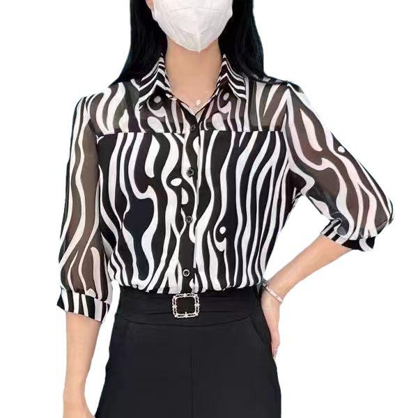 2023 Autumn Women's High-End Chiffon Blouse, Plus Size, Seven-Sleeve, for Middle-Aged Moms