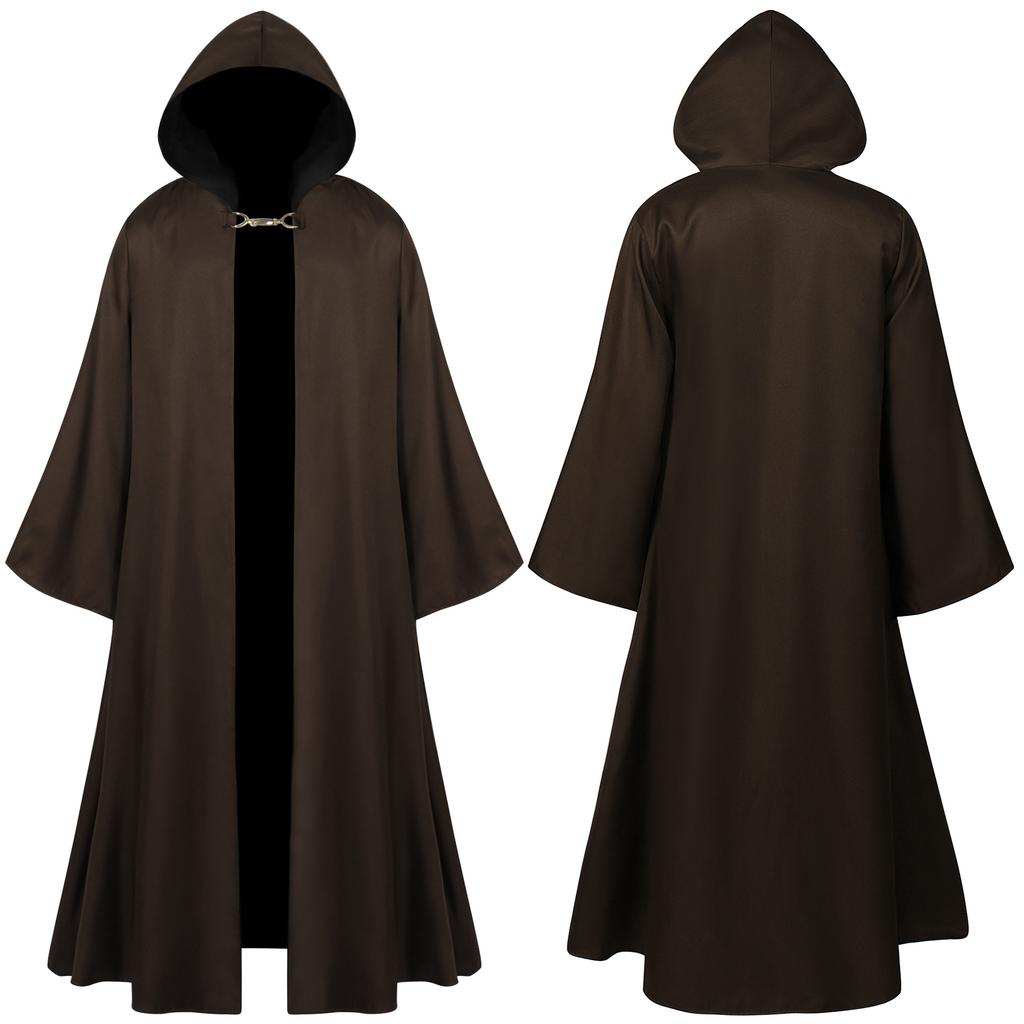 Medieval Cloak With Hood Halloween Renaissance Hooded Longer Cape For Men Gothic Role Playing Robe With Buckle Carnival Costumes