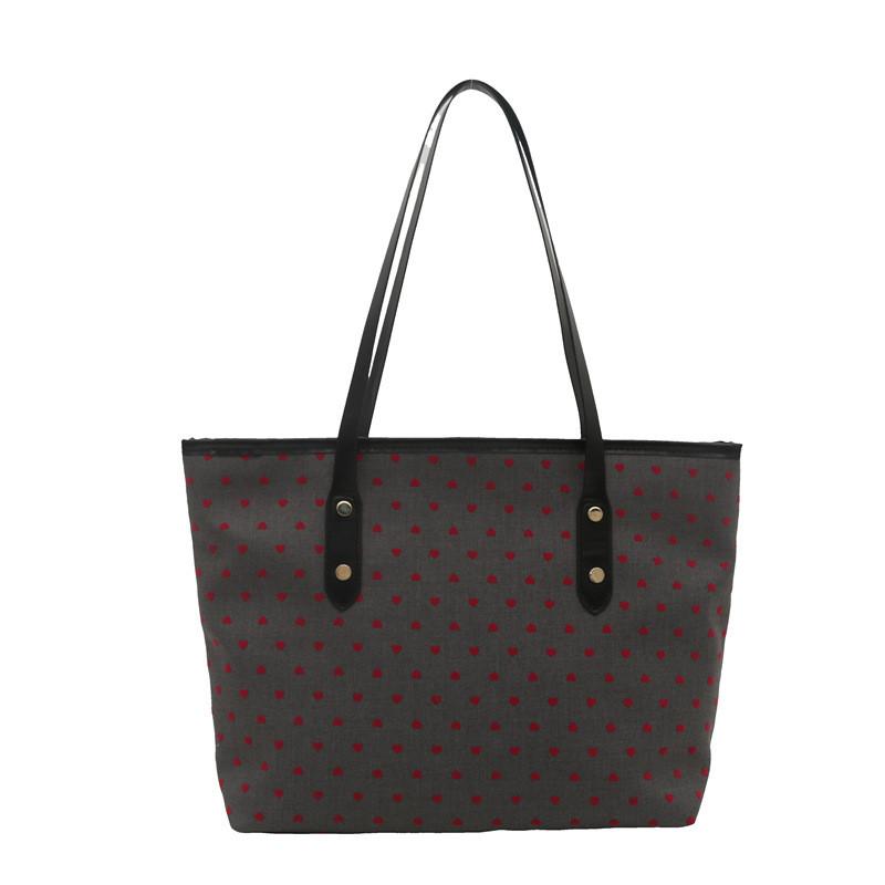 Trendy Casual Commuter Tote Bag In Red Polka Dot And Black Heart Patterns For Fashion-forward Students