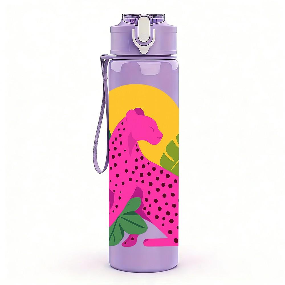 1PC Pink Leopard Tropical Leaf Art 750ml Color Plastic Sports Water Bottle Leakproof Flip Straw Lid For Sports Office Home Use