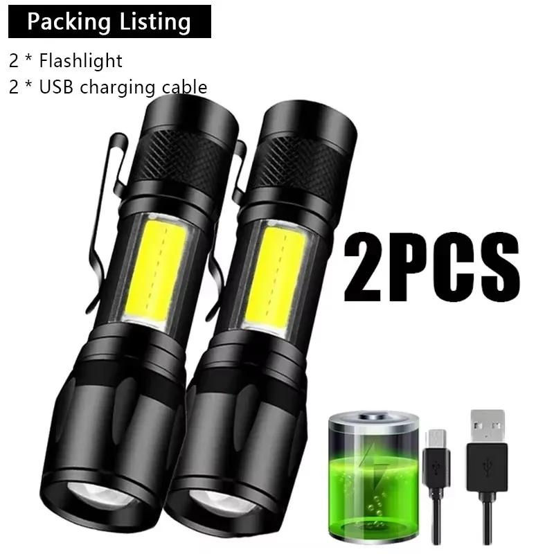 Mini Portable Flashlight COB+XPE Zoomable Small Torch USB Rechargeable Outdoor Camping Fishing Long Range Emergency Lantern