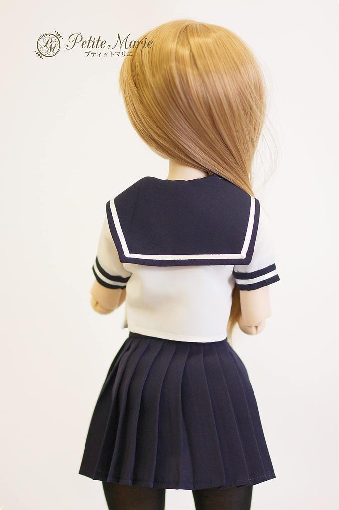 DD Compatible Cute High School Girl Sailor Uniform Short Sleeve White with Navy Skirt Summer Outfit Neat Pleated Skirt 60cm BJD Doll Clothes [Petite