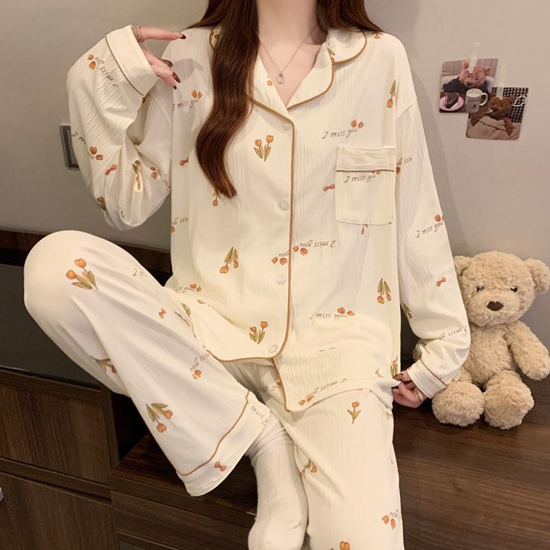 Spring and Autumn Women's Sweet Tulip Pajamas Homewear Set Girls Long Sleeve Thin Sweet and Cute Student Pajamas Homewear