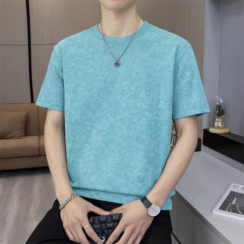 Men Wash Dyed Textured Short Sleeve T Shirt Crew Neck Loose Fit Casual Solid Tone Basic Top