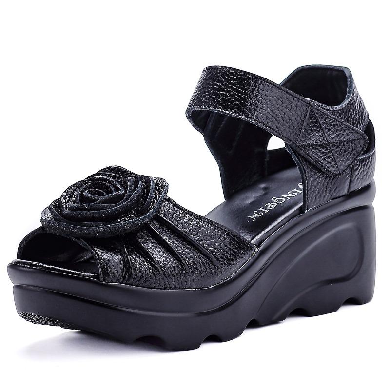 All Cowhide Summer New Retro Platform Wedge Heel Leather Handmade Sandals Women's Genuine Leather Mother Shoes