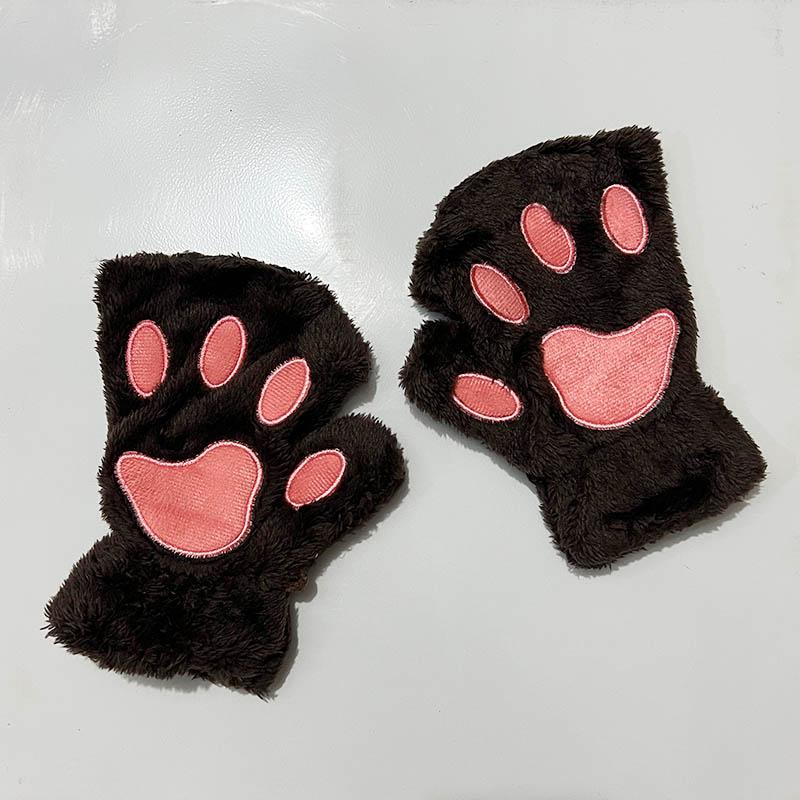 Cartoon Winter Gloves Women's Bear Plush Cat Paw Claw Gloves Cute Short Fingerless Fluffy Bear Claw Mittens For Girls Gift Party