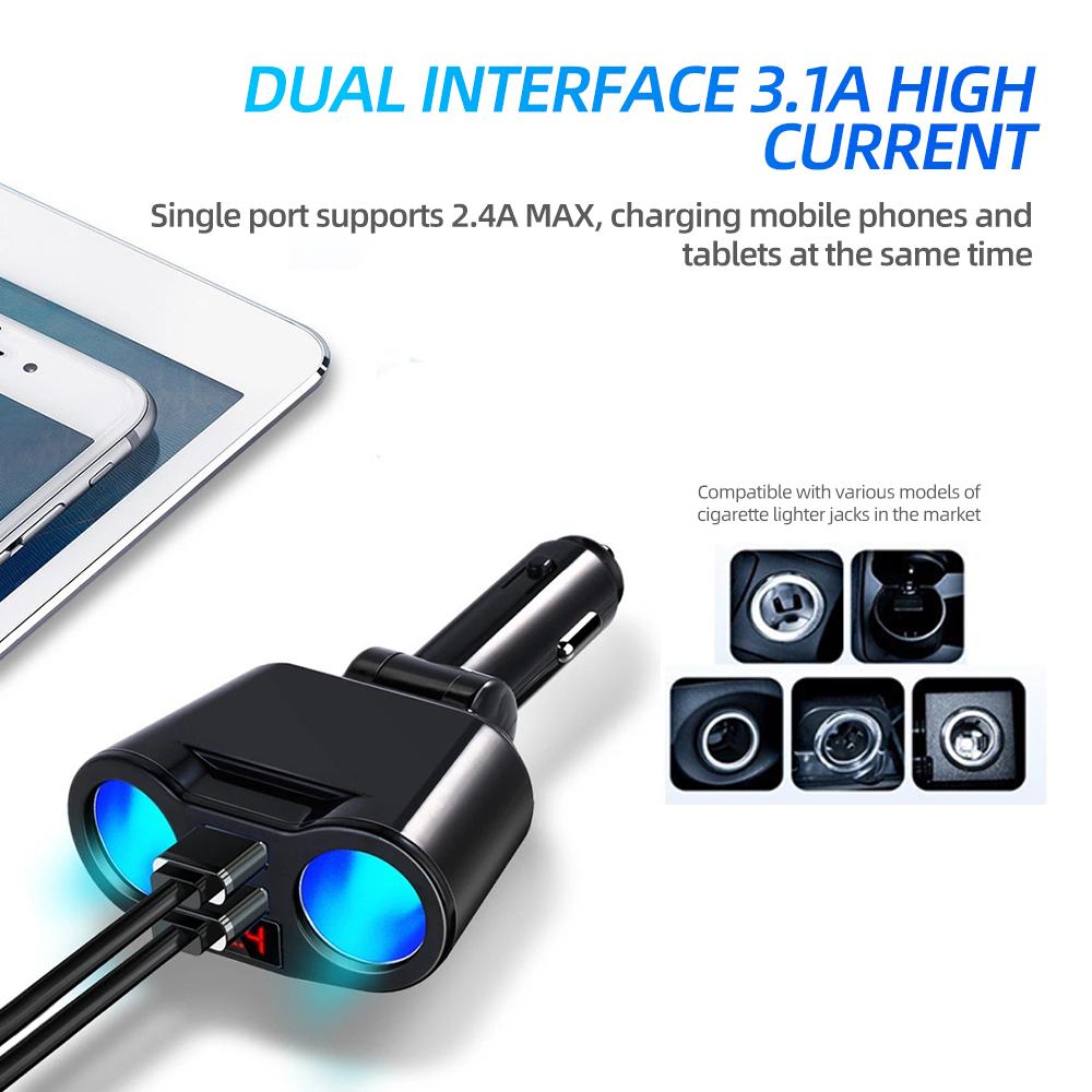 Ładowarka samochodowa USB, adapter zapalniczki samochodowej 1-2 z dwoma portami USB 3.1A, wyświetlacz napięcia LED, zabezpieczenie bezpieczeństwa, 12 V/24 V