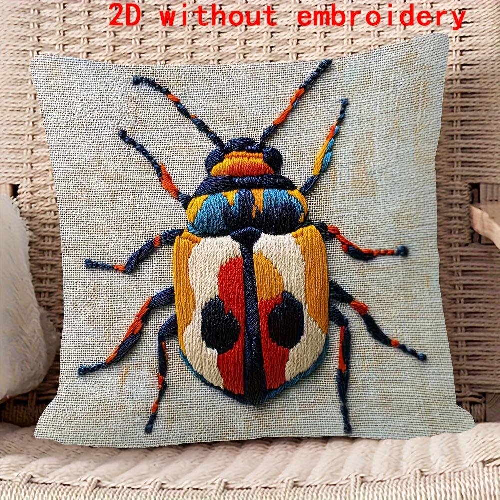 Panika Chen Unisex 2D Flat- Retro Beetle Print Linen Throw Pillow Cover Decorative Cushion Case For Sofa Couch Bed Living Room
