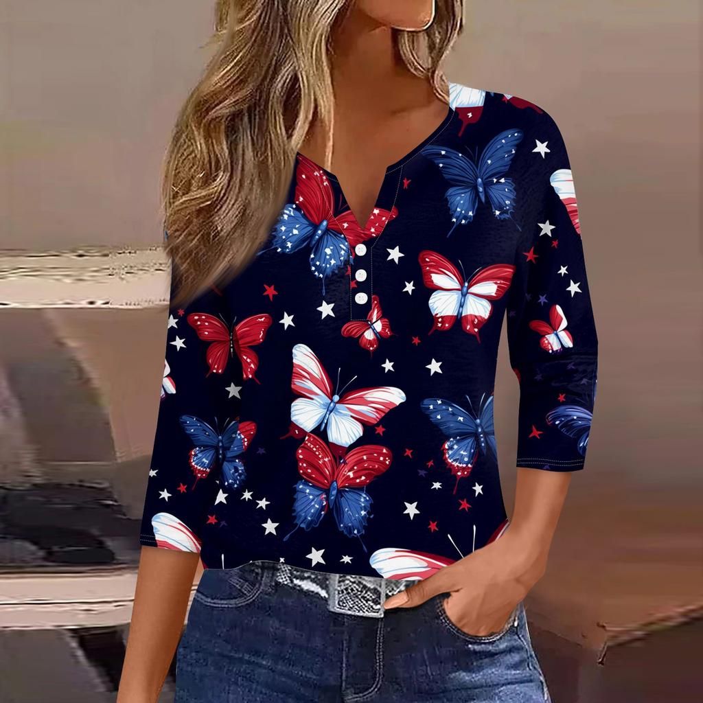 Women's T Shirt Print Button 3/4 Sleeve Daily Weekend Fashion Basic V- Neck Regular Top