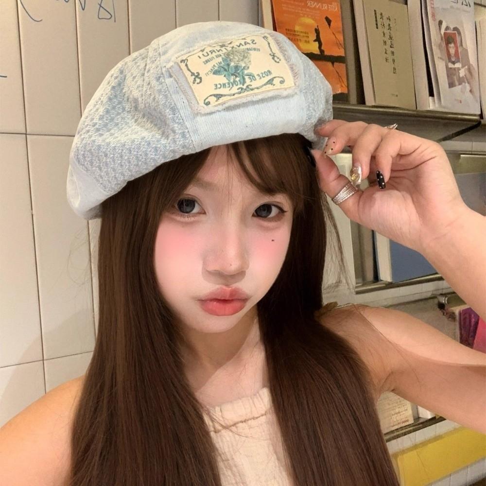 Korean Patch Splicing Beret Vintage Painter Cap Casual Denim Berets  Summer and Autumn