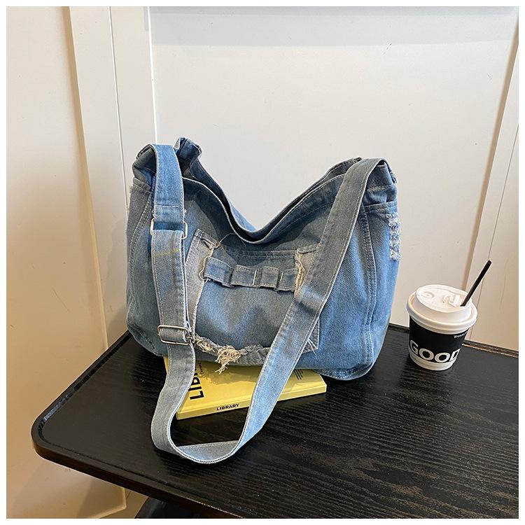 Korean Washed Denim Tote Bag - Women's 2025 Summer Fashion, Large Capacity Shoulder Crossbody