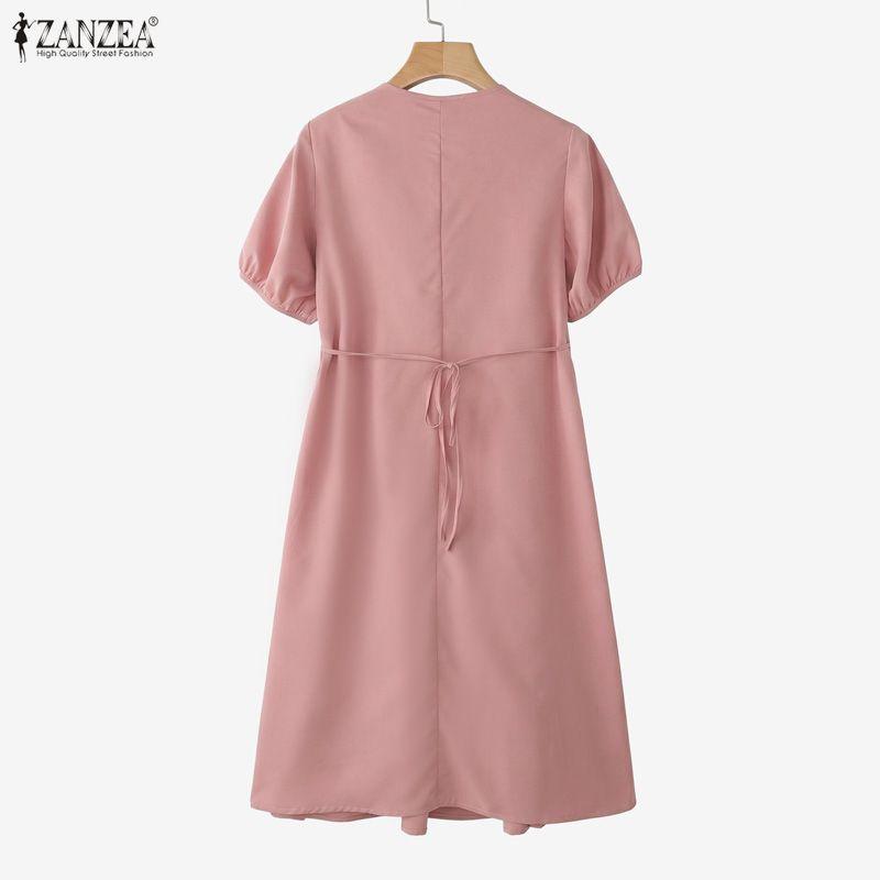 ZANZEA Women Elegant V-Neck Casual Solid Color Short Sleeve Dress