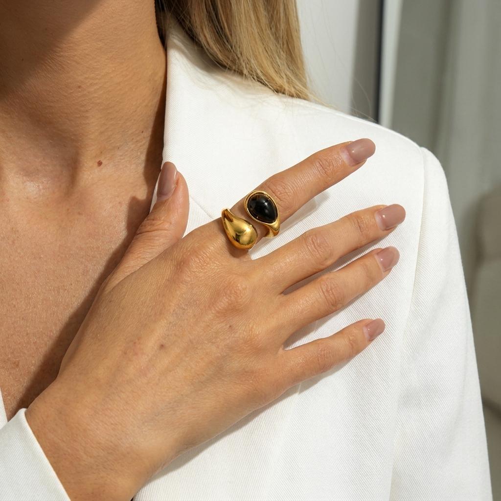 Retro Gold Color Irregular Metal Ring for Women Men Stainless Steel Natural Tiger Eye Opening Ring Aesthetic Dating Jewelry