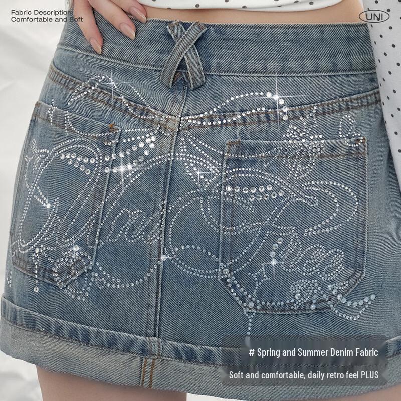 UNIFREE 2026 Spring Korean Style Distressed Denim Mini Skirt with Rhinestones