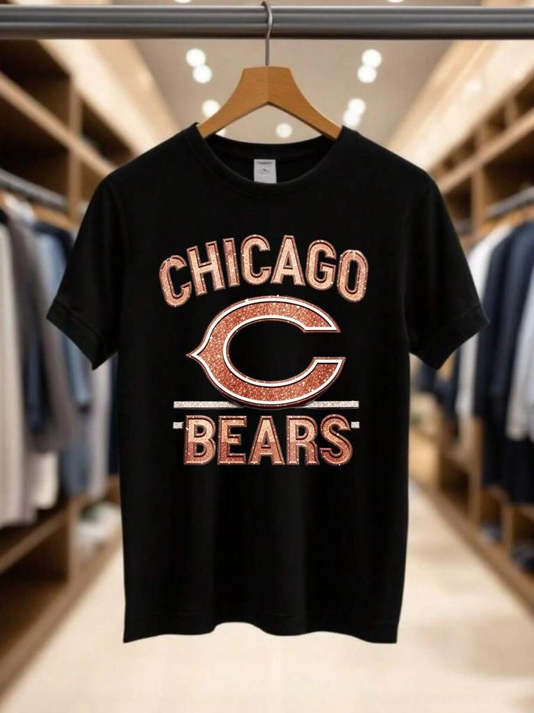 Unisex's Print T-Shirt - Chicago Logo Bears Glitter Design Print