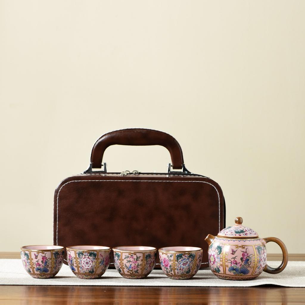 Ru Kiln Travel Tea Set One Pot Four Cups With Gift Box Outdoor Portable Tea Pot Ceramic Business Gifts