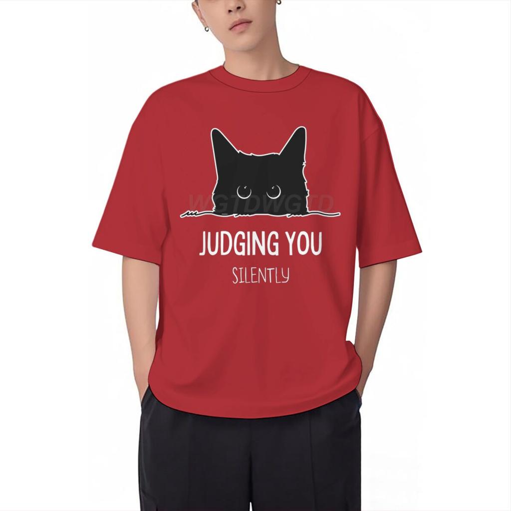 Judging You Silently Print T Shirt Men Women Sarcastic Humor Streetwear Short Sleeve Harajuku Cat Tee Male 100 Cotton Fun Shirt