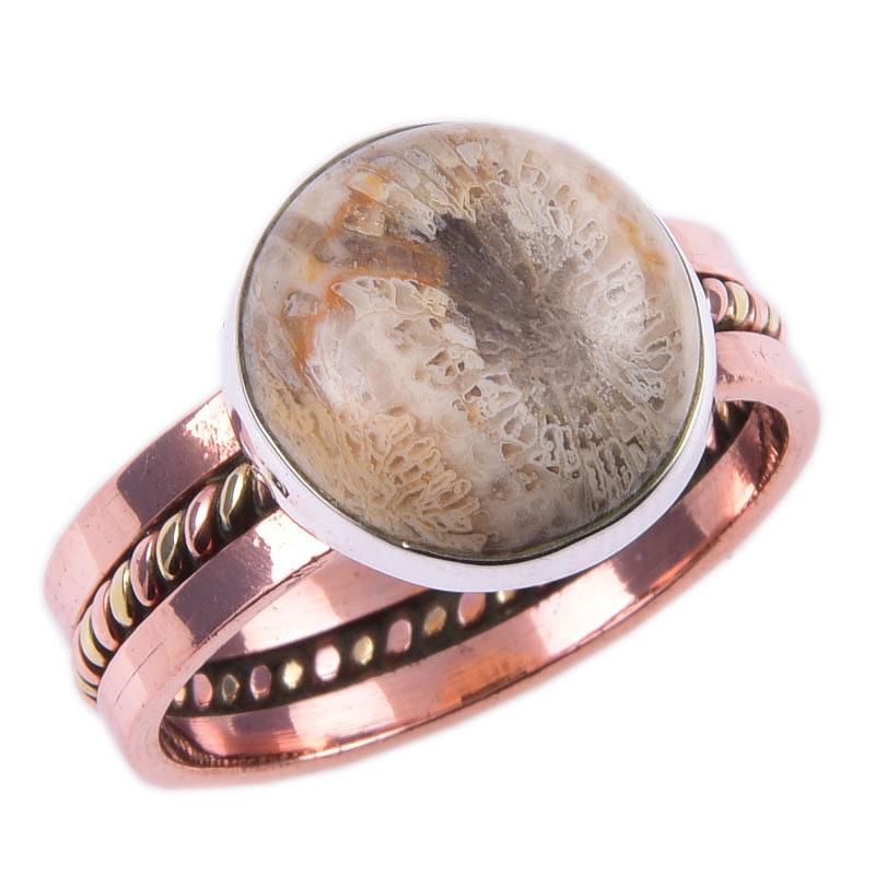 Natural Fossil Coral Gemstone 925 Sterling Silver TwoTone Gift Ring S.10 d9I98