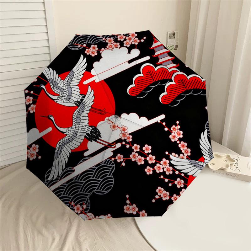 1pc Japanese Cranes Automatic Folding Umbrella, Heavy Duty 8 Rib Iron Frame, Suitable for Travel, Daily Use, Birthday, Decor Gift m0104014