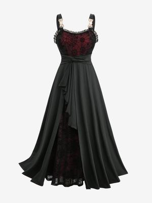Rosegal Plus Size Spider Web Flocking Mesh Lace Trim Asymmetrical Ruffles Hem Tank Dress