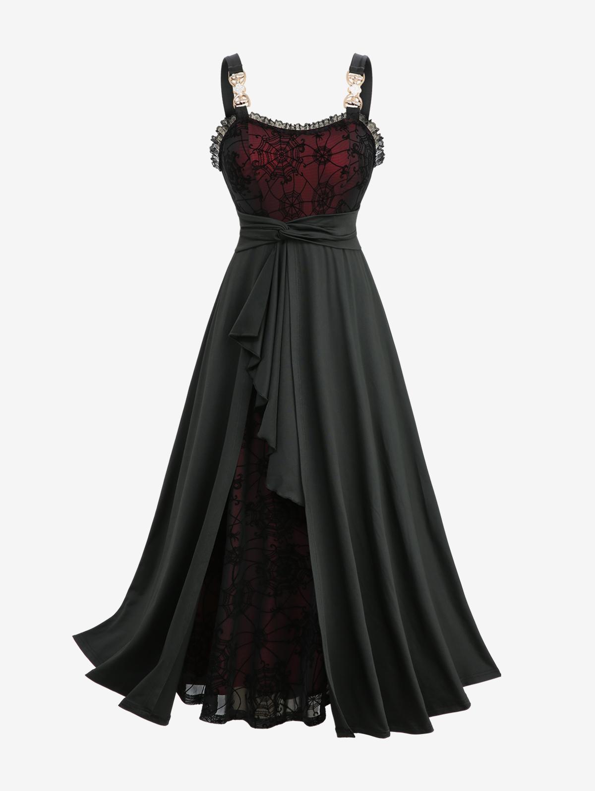 

Rosegal Большой размер Паутина Флок Сетка Кружевная отделка Асимметричный оборчатый подол Майка Платье L чёрный