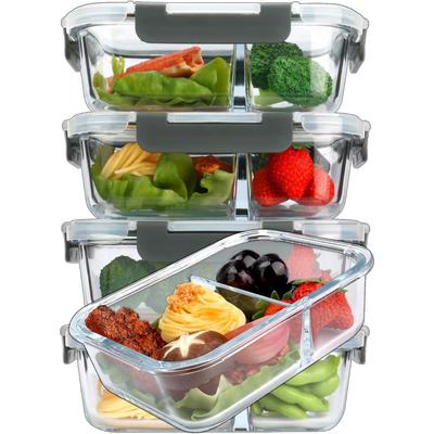 [5er-Pack, 900 ml] Glasbehälter für die Zubereitung von Mahlzeiten, 2 Fächer, Portionskontrolle mit verbesserten Schnappdeckeln, Vorratsbehälter für Lebensmittel aus Glas