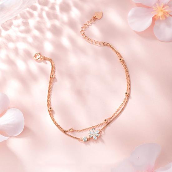 Women Bracelet Double-Layer Cherry Blossom Pendant Bracelet with Rhinestones Inlaid Hollow Design Adjustable Length Bracelet