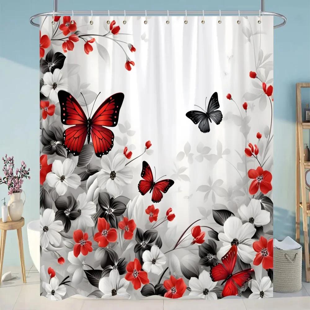 Botanical Floral Bathroom Curtains Tropical Green Leaf Butterfly Nature Landscape Polyester Fabric Shower Curtain Bathroom Decor