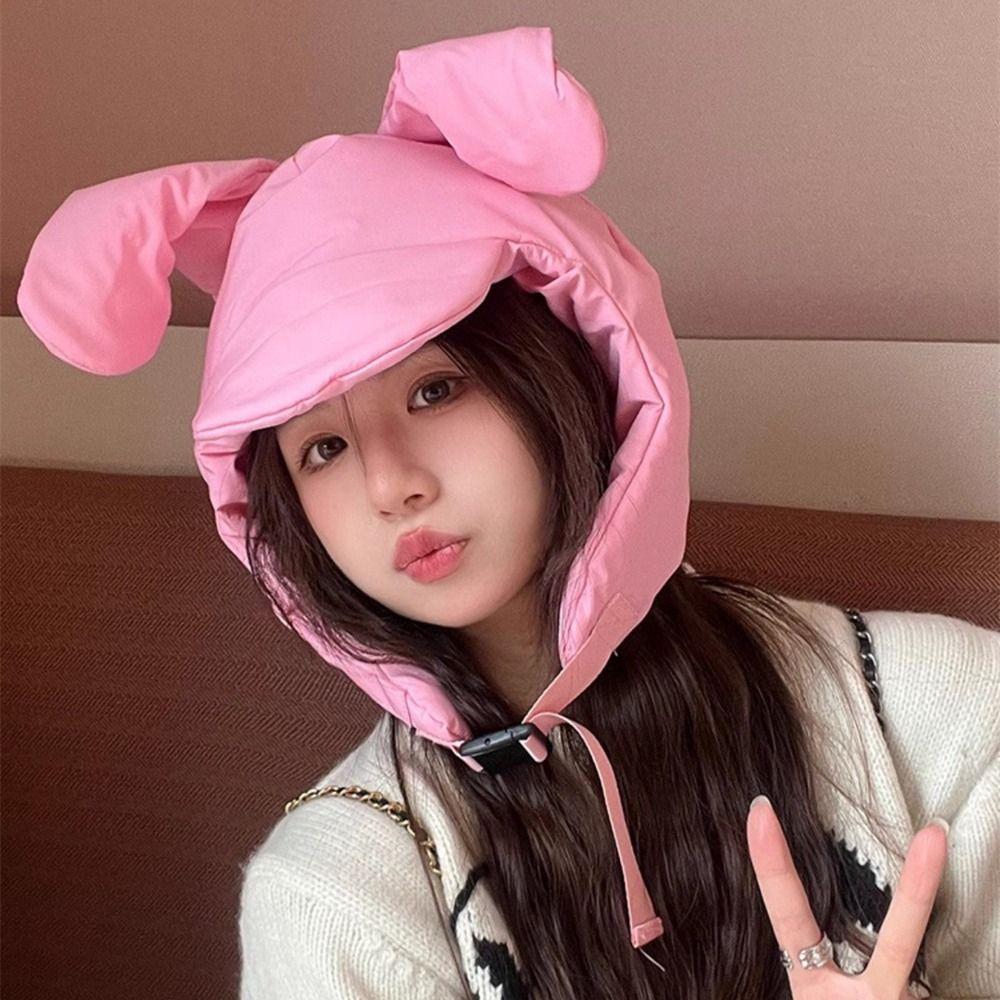 

Cotton Down Lei Feng Hat Warm Ear Protection Cute Rabbit Caps for Autumn and Winter рожевий