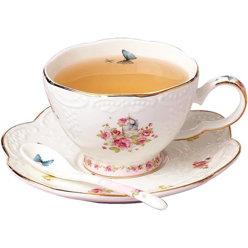 Vintage Porzellan Blumenserie Teesets, Teetasse Untertasse Set mit Teekannenwärmer - Filter und Löffel, 16 Stück in 1 Set