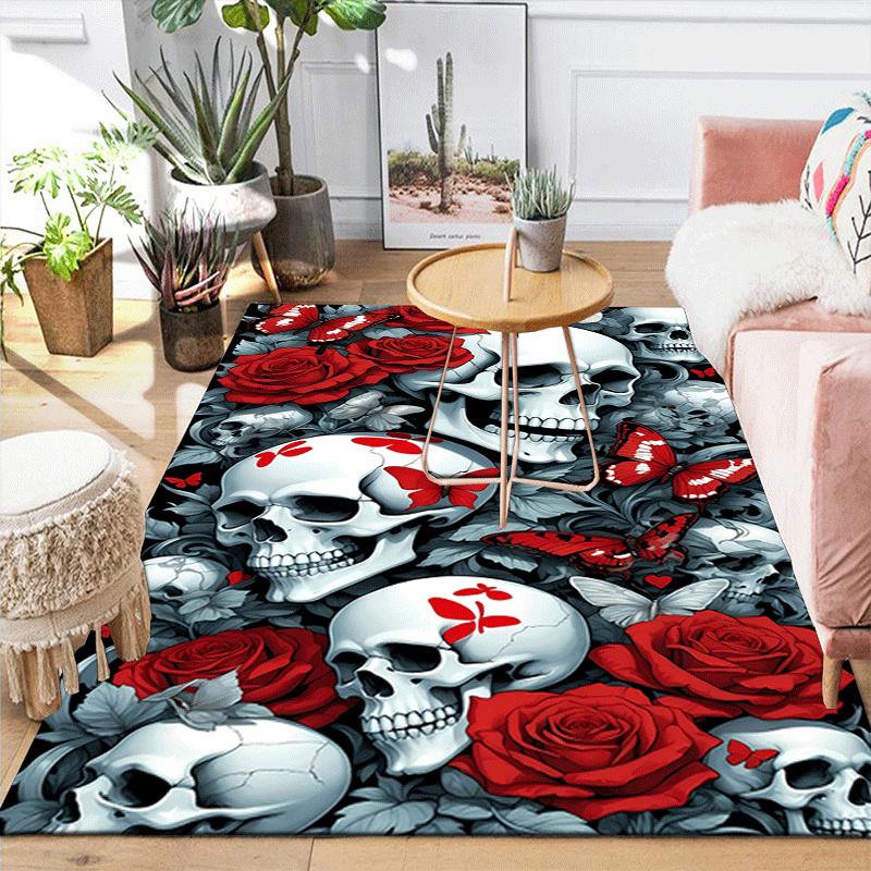 1pc Red Roses White Skulls Print, Design Indoor Area Rug - Soft, Anti-Slip, and Durable Gaming Room Decor for Bedroom, Living Room