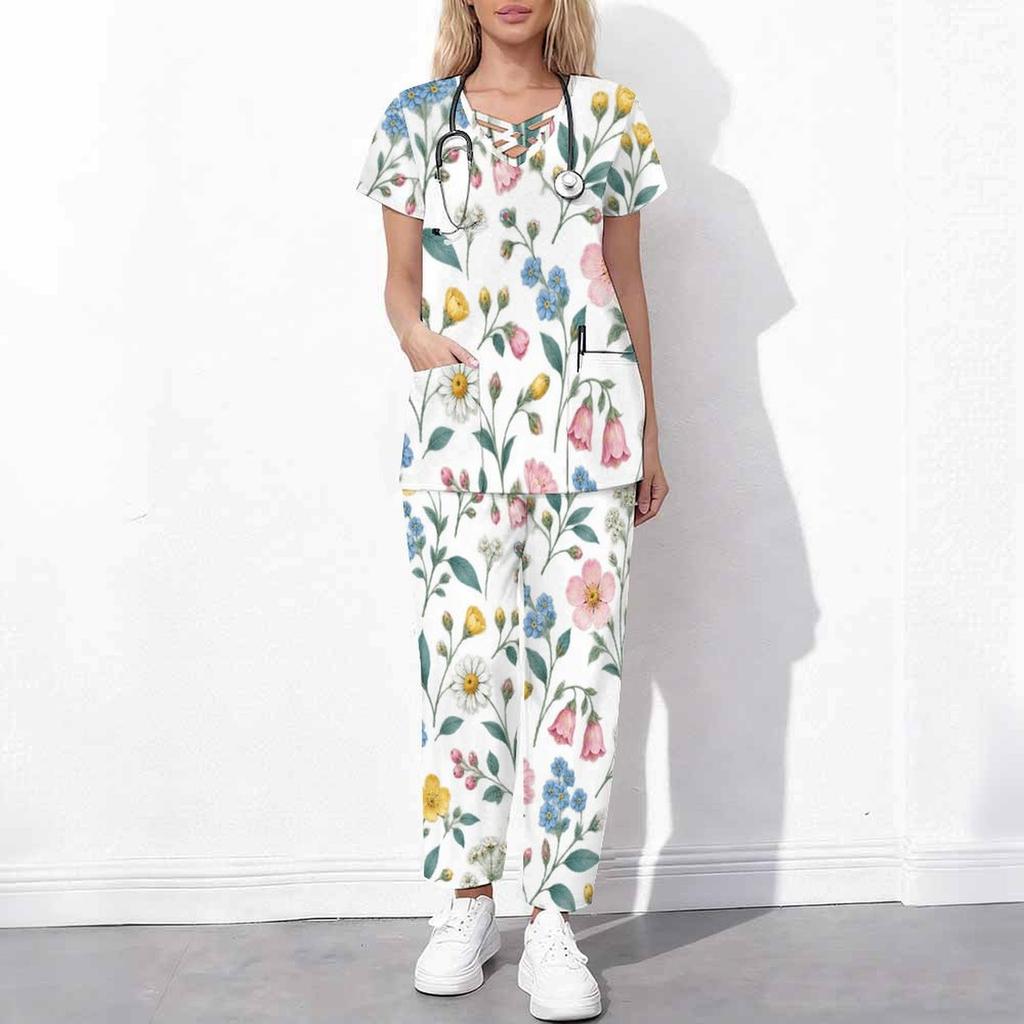 Women Plus Size Cutout Neck Short Sleeve Ginkgo Leaf Printed Scrub Set White Green Pocket Top Long Pants Two Piece
