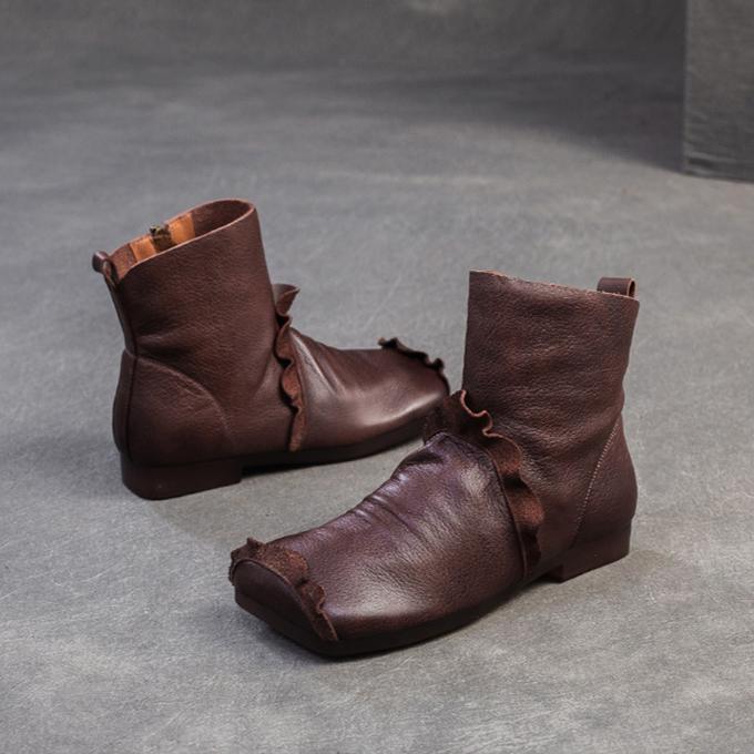 Johnature Kurze Stiefel aus weichem Rindsleder mit quadratischer Zehenpartie, vielseitige, bequeme Damenschuhe aus echtem Leder im Retro-Stil