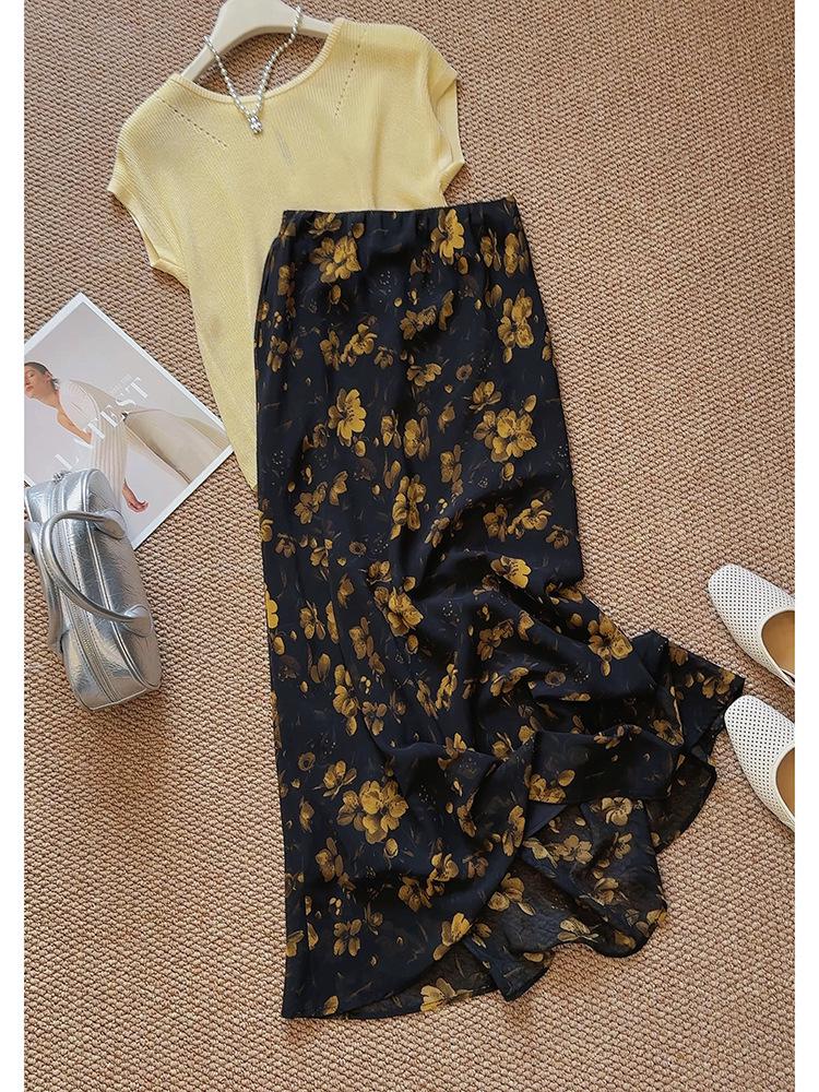 Retro Floral Slimming Fishtail Midi Skirt - Elegant Chiffon Hip-Hugging Design